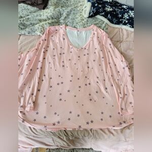 Pink cotton V neck long sleeve shirt with silver stars